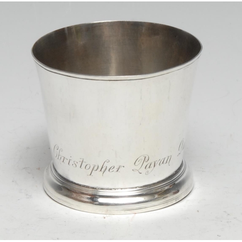 277 - An early George II silver flared cylindrical beaker, of small proportions, skirted base, 5cm high, R... 