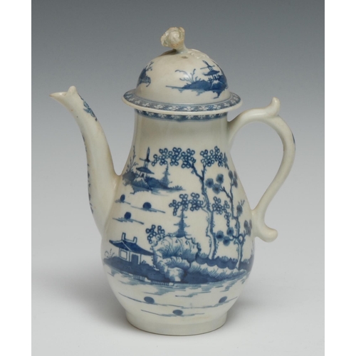 582 - A Worcester Cannonball pattern coffee pot and cover, painted in underglaze blue with islands with tr... 