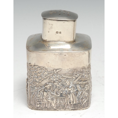 293 - An Edwardian silver rounded square tea caddy, push-fitting cover, chased with scenes in the manner o... 