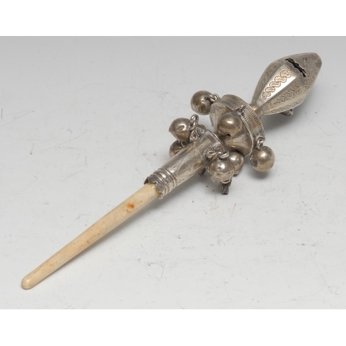 89 - A Continental silver baby's rattle, bright-cut engraved, whistle terminal above two rows of bells, 1... 