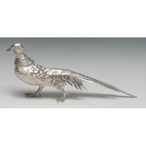 91 - A Continental silver novelty canister, cast as a pheasant, 32cm long, marked 800, 12.75oz