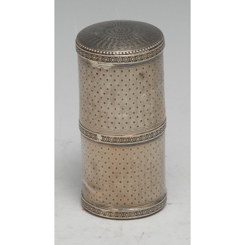 96 - A French silver cylindrical scent bottle case, engine turned, push-fitting cover, 7cm long, c. 1860