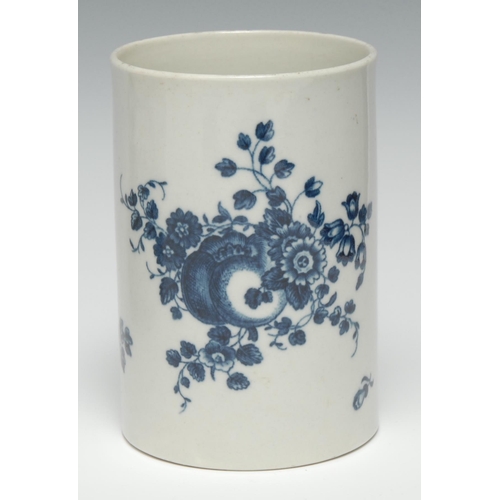 597 - A Worcester Fruit Sprigs pattern cylindrical mug hatched crescent mark, 12cm high,  c.1775