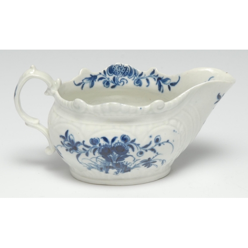 626 - A Worcester Two Porter Landscape pattern creamboat, painted in blue, 15cm wide, crescent mark,   c. ... 