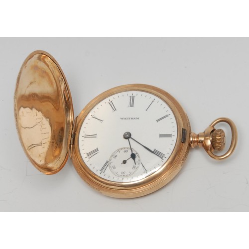 347 - A late 19th century 9ct rose gold plated Waltham full hunter pocket watch, white enamel dial, Roman ... 