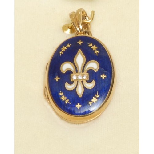 376 - A modern Faberge diamond inset 18ct gold royal blue and white enamelled oval locket, signed verso, 
... 