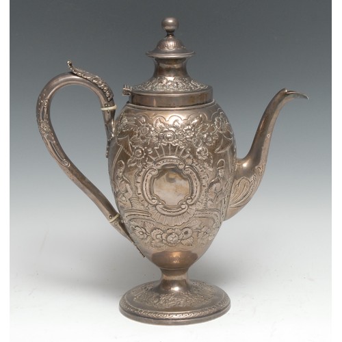 100 - A George III Chinoiserie silver ovoid coffee pot, chased with traditional Chinese figures taking tea... 