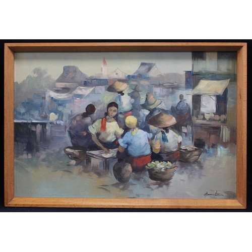 819 - Cesar Buenaventura (filipino 1922-1983) Market Scene, signed oil on canvas, 59.5cm x 89.5cm