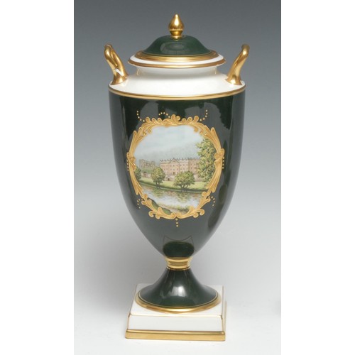 425 - A Wedgwood ‘Genius Collection’ pedestal ovoid vase and cover,  painted  by M. Hartnett, with Chatswo... 