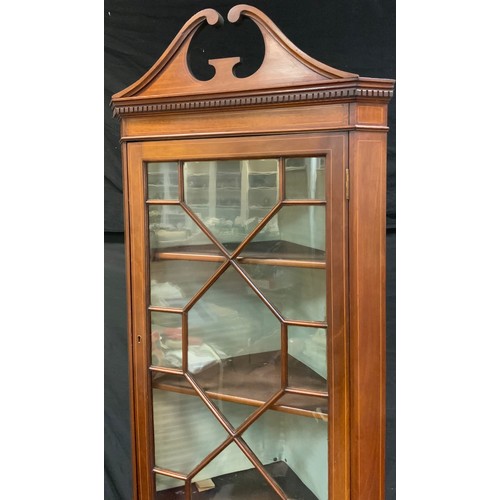 89 - Edwardian mahogany floor standing corner cabinet, swan neck pediment, astral glazed top door, shell ... 