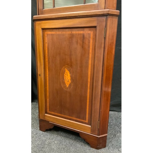 89 - Edwardian mahogany floor standing corner cabinet, swan neck pediment, astral glazed top door, shell ... 