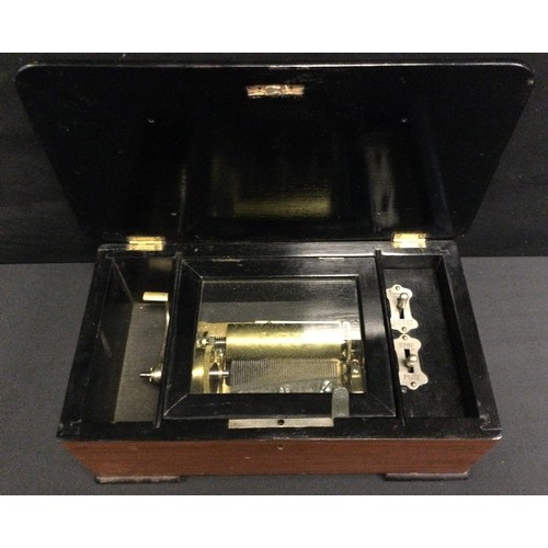 106 - A 19th century rounded rectangular music box, 9cm cylinder playing on a one-piece comb, cranking han... 