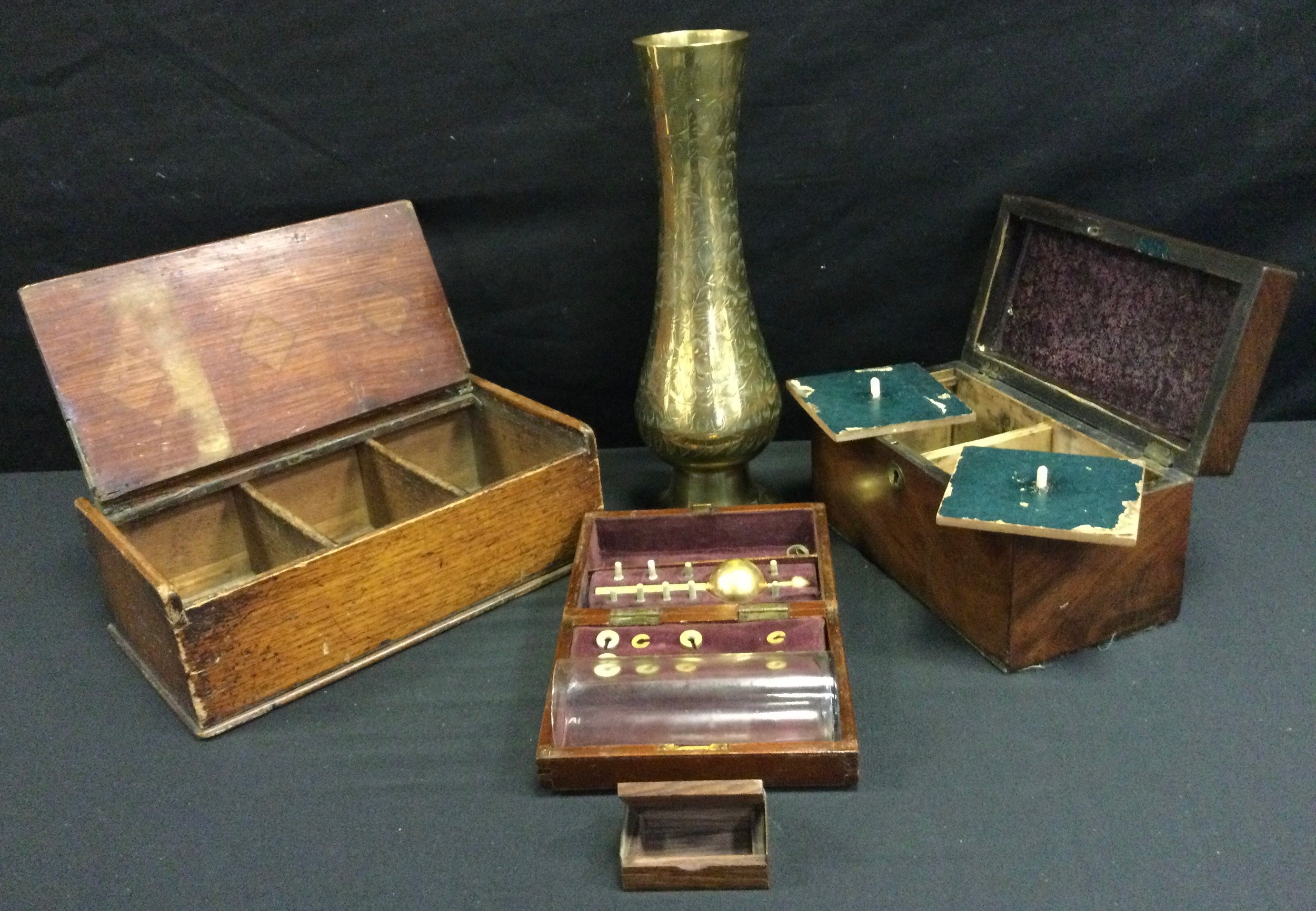A 19th century hydrometer set, mahogany case; a 19th century mahogany tea...