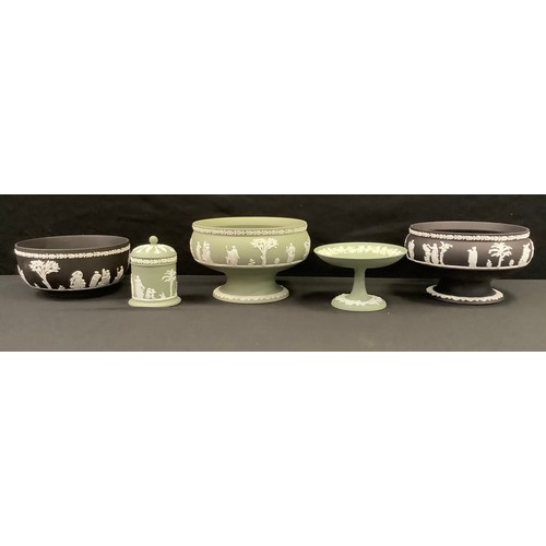 194 - A Wedgwood black jasperware footed fruit bowl, another;  a green Tazza etc (5)