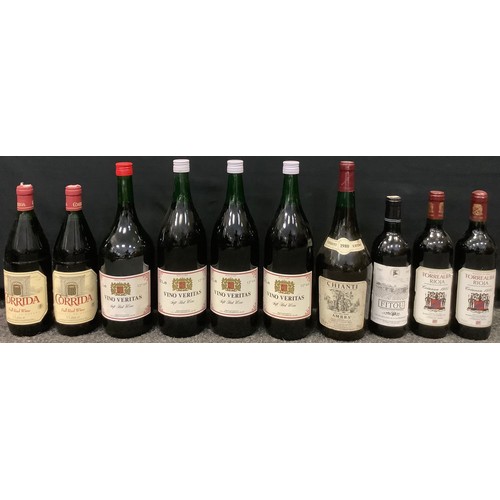 198 - Wines and Spirits; two bottles of 1985 Roiji, 1980 150cl bottle of Chianti, 150cl bottles Spanish re... 