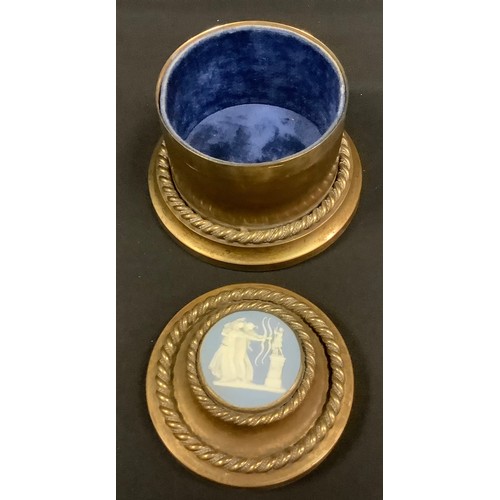 214 - A 19th century jasperware mounted gilt metal cylindrical jewel box, the push-fitting cover applied w... 