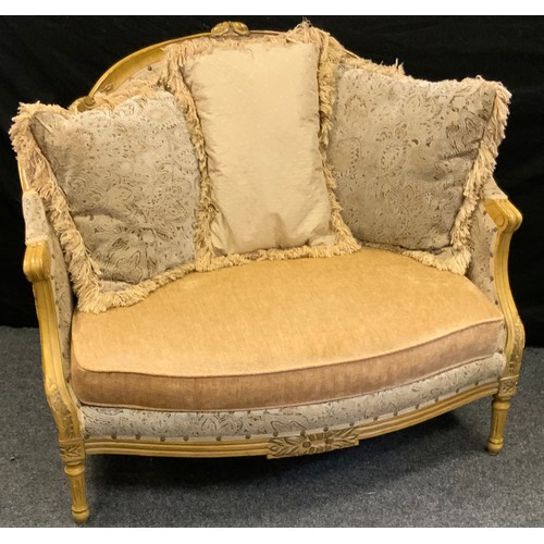 250 - A Paul Robert upholstered love seat, Neoclassical carved arched back, upholstered in a multi tone Ar... 