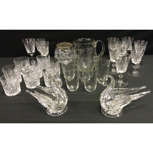 279 - Glassware - cut glass tumblers and wine glasses;  lemonade jug;   glass swans;  etc