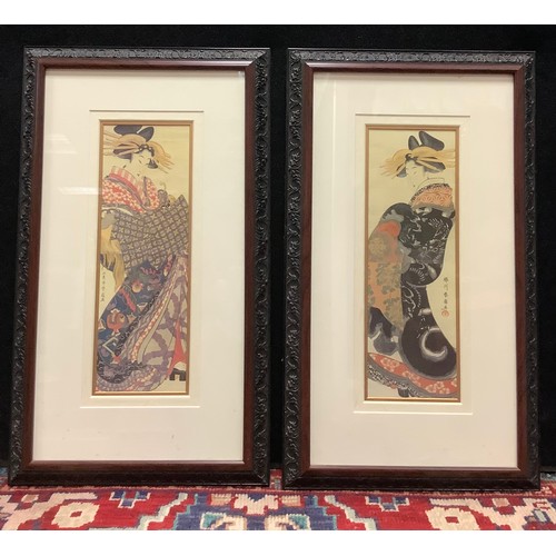 364 - A pair of Japanese woodblock style prints, Geisha Girls, 40cm x 14cm, ornate frames (2)