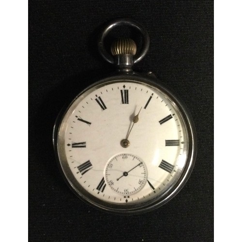 451 - A J W Benson silver open face pocketwatch, cream dial, bold Roman numerals, subsidiary dial, button ... 