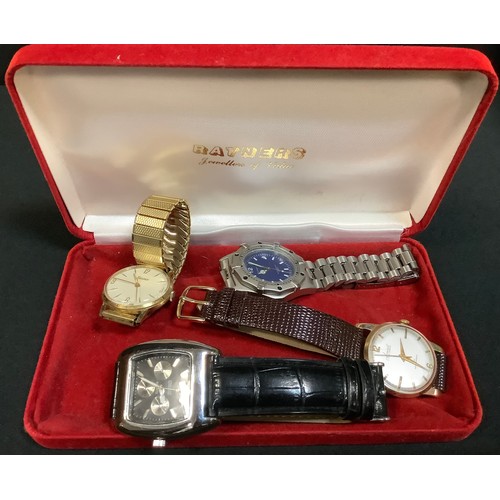 455 - A 1950s Accurist 9ct gold cased wristwatch, textured silver dial, Arabic numerlas and baton markers,... 