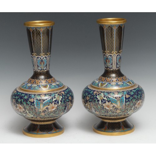 222 - A pair of Chinese cloisonne enamel vases, brightly decorated in polychrome with butterflies, flowers... 