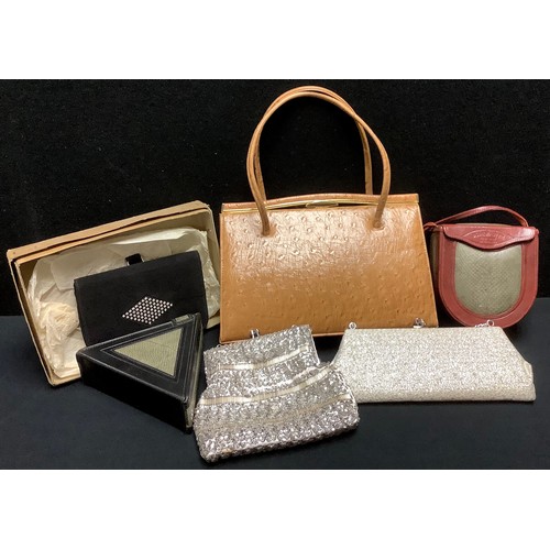 240 - A 1950s ostrich leather handbag; other beaded and sequined evening purses, c.1950; a Nile perch skin... 