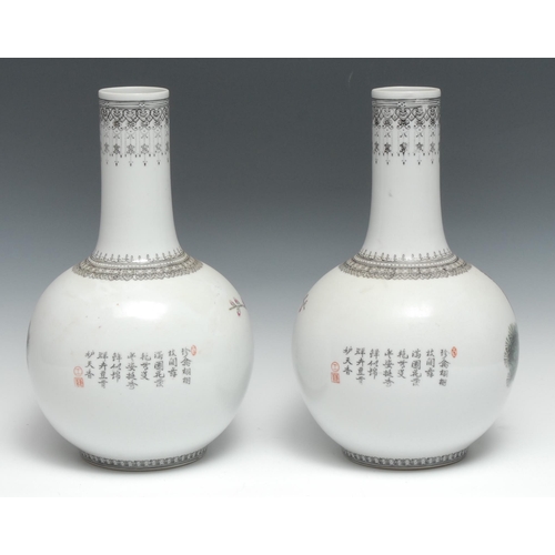 255 - A pair of Chinese Republic ovoid vases, decorated with peacocks and verse, 29.5cm high, red seal mar... 