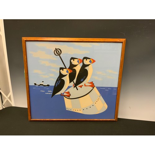 69 - Ashton Booth, by and after, 'Puffins on a Bouy', signed and dated 1950 in pencil, linocut, 49cm x 54... 