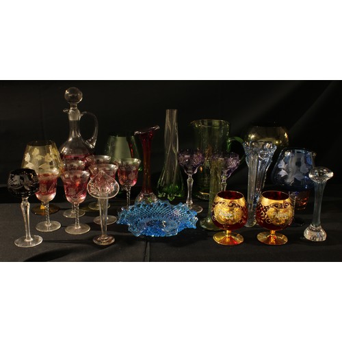 316 - Glassware - a red flashed wine glass and decanter set for six; other flashed hock glasses; a pair of... 