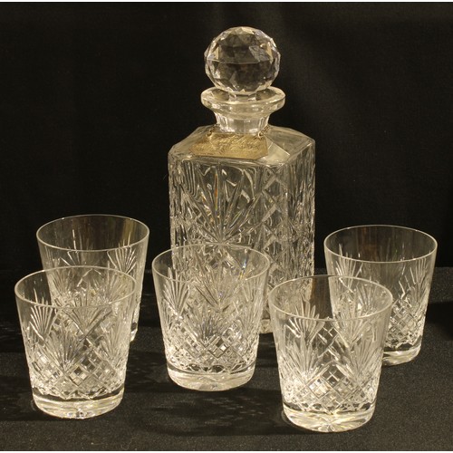 326 - A cut glass decanter with silver presentation label, marked silver, five similar whisky tumblers