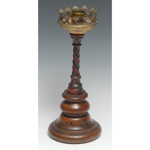 334 - A 19th century walnut, wrought iron and brass candlestick, cylindrical scronce and broad drip pan wi... 