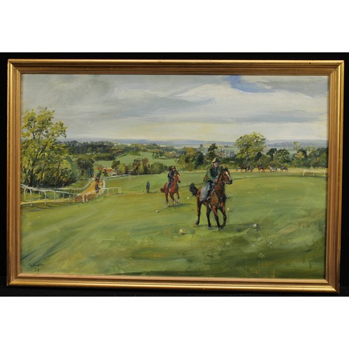 357 - Harry Buxton (Contemporary)
Riding Out, Epsom Downs 
signed and dated 99, titled to verso, oil on bo... 