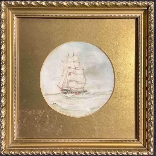 353 - In the manner of WEJ Dean
Ship at sail
signed, watercolour, circular mount, 10.5cm diameter, framed,... 