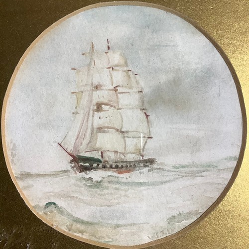 353 - In the manner of WEJ Dean
Ship at sail
signed, watercolour, circular mount, 10.5cm diameter, framed,... 