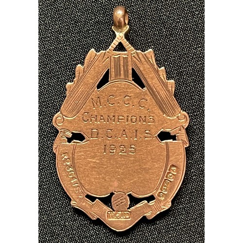 384 - 9ct Gold Cricket Medallion/Fob Minor Counties Cricket Championship Champions DCAIS 1925. Weight 8.87... 