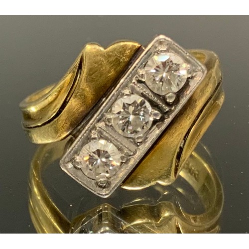 387 - A diamond trilogy signet ring, twisted crest linear inset with three round brilliant cut diamonds, t... 