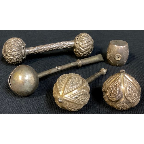 405 - An Indian silver coloured metal rattle; a Chinese baby's rattle, whistle terminal; etc