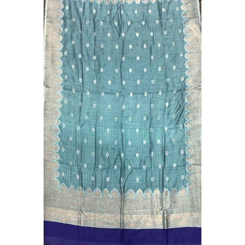 414 - Textiles - a Zari shawl embroidered in gold thread on a turquoise blue ground, cobalt borders, appro... 