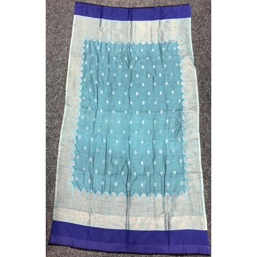 414 - Textiles - a Zari shawl embroidered in gold thread on a turquoise blue ground, cobalt borders, appro... 