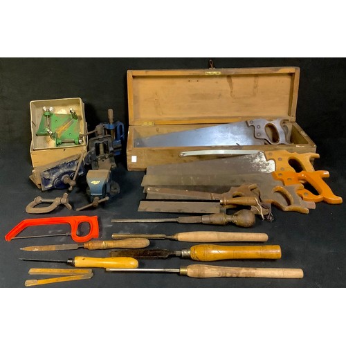 416 - Carpentry Tools - a WWII munitions crate containing an assortment of woodworking tools, saws, screw ... 