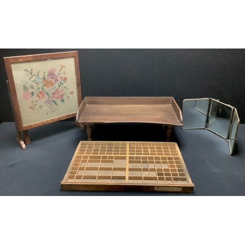 420 - An oak folding tray, carved gallery; an oak folding fire screen/tea table with embroidery panel; a p... 