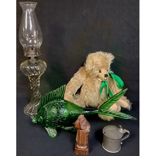 439 - Boxes and Objects - a novelty green glass fish, 38cm long; a clear glass oil lamp; a pewter hinged t... 