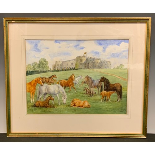 456 - English School (20th century)
Horse and their Foals, before a castle
signed with initials M.M., wate... 