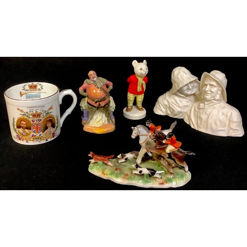 529 - A Royal Doulton figure, Falstaff, HN3236; a Beswick Rupert the Bear; a Victorian figure group, Fishe... 