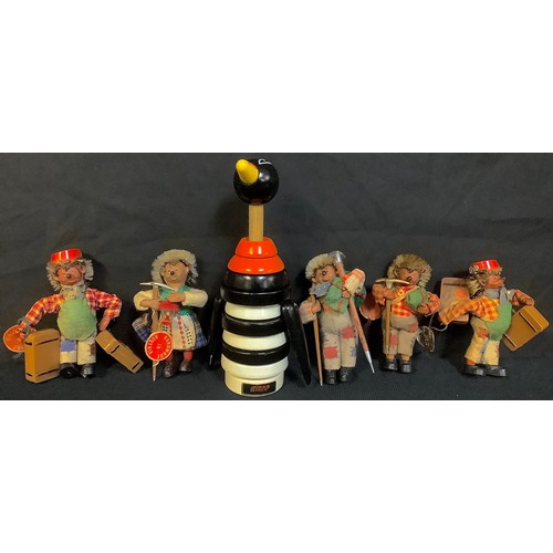 537 - A collection of five Austrian Hedgehog figures, 'Peter Originals'; a Brio penguin