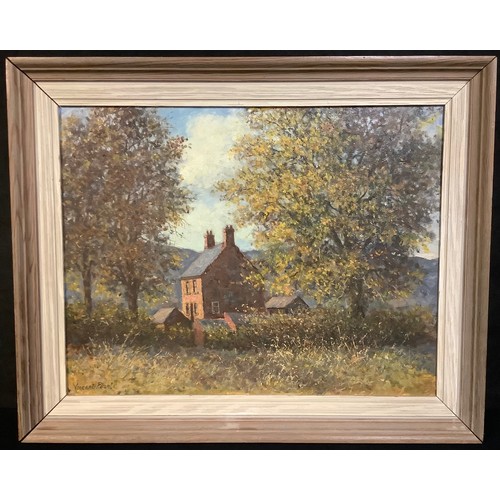 553 - Vincent Plant  
Country Scene with wooded cottage  
signed, oil, 34cm x 44cm