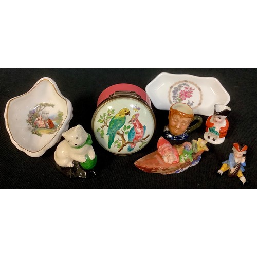 528 - A Bilton & Battersea enamel box bonbonniere; miniatures including Doulton character jug, Staffordshi... 