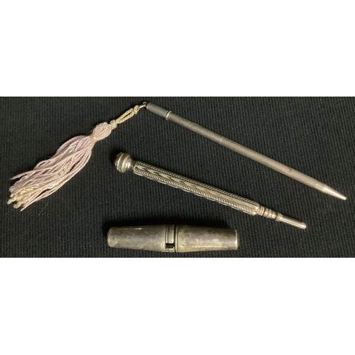 568 - A hallmarked silver pencil; a folding corkscrew; a pencil (3)