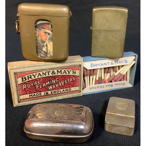 569 - Boxes and Objects - Bryant & May wax vestas; a large brass vesta; a brass lighter; two snuff boxes